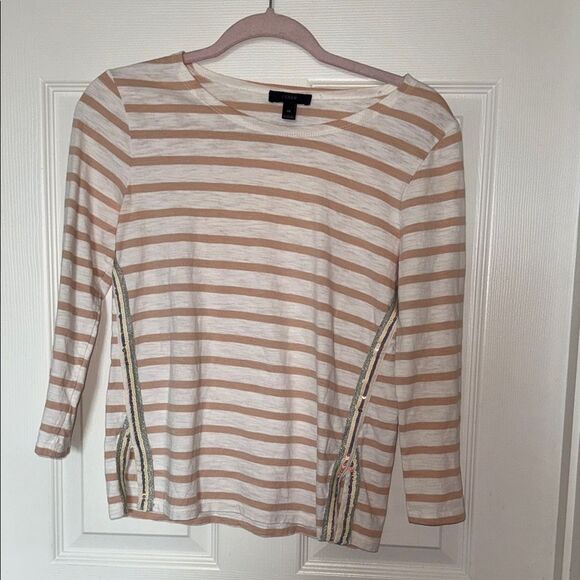 J. Crew Tan and White sequins Striped Long Sleeve Top Xs EUC - Picture 1 of 9